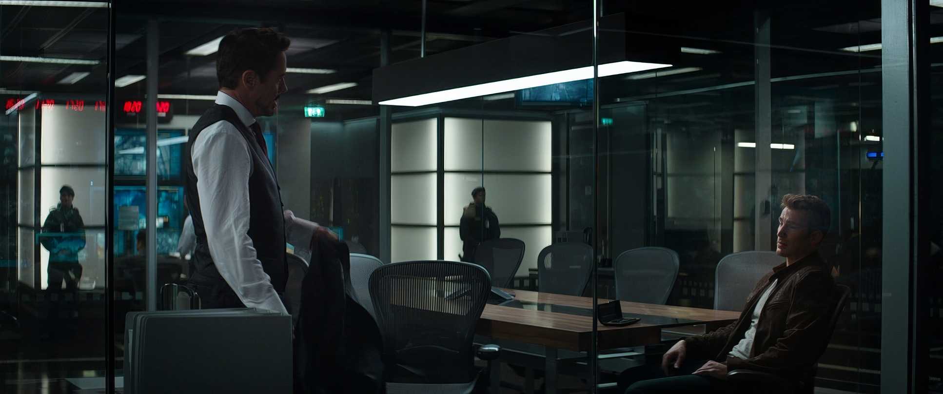 captain america civil war cinematography by trent opaloch interior medium shot three shot hard light fluorescent shot 022