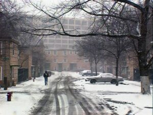 hoop dreams cinematography by peter gilbert exterior day establishing shot backlight sunny car shot 006