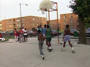 hoop dreams cinematography by peter gilbert exterior day medium wide shot three shot backlight sunny shot 057